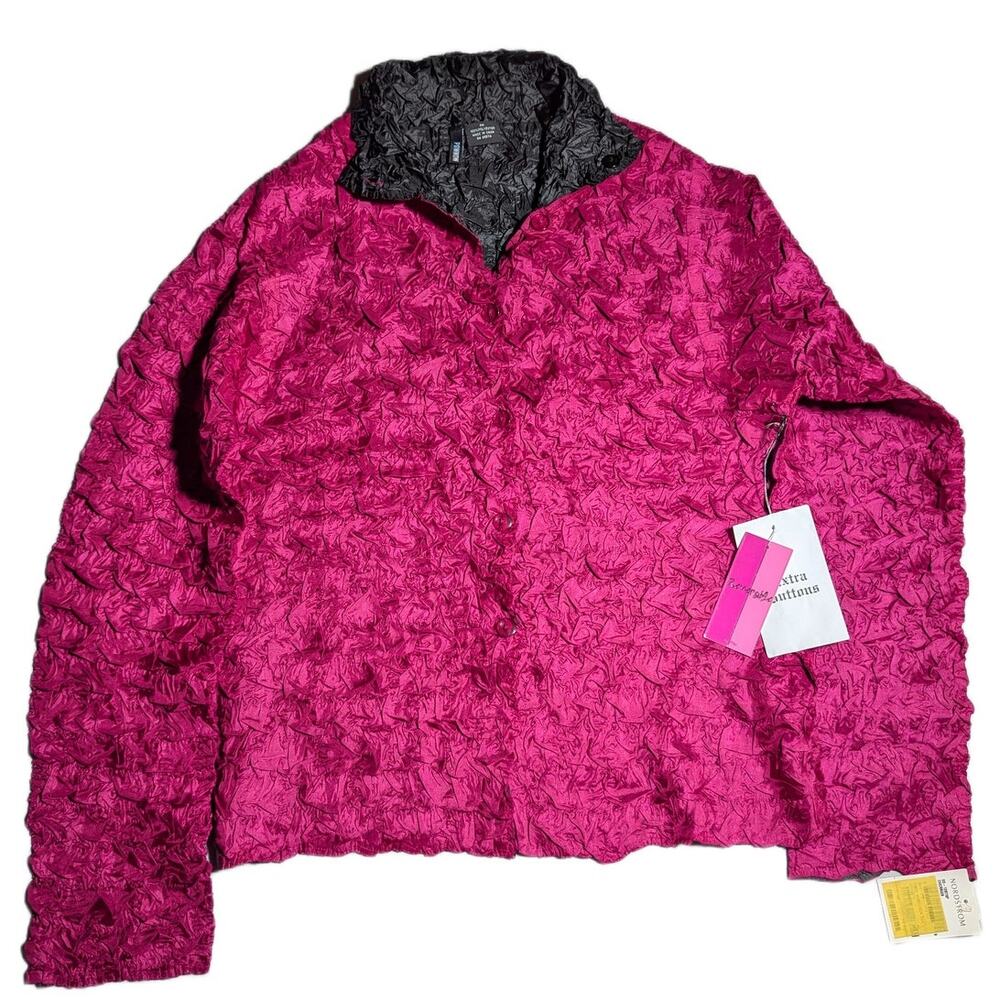 Vtg Y2K Powwow Pink Black Reversible Popcorn Scrunch Button Up Shirt P M NWT